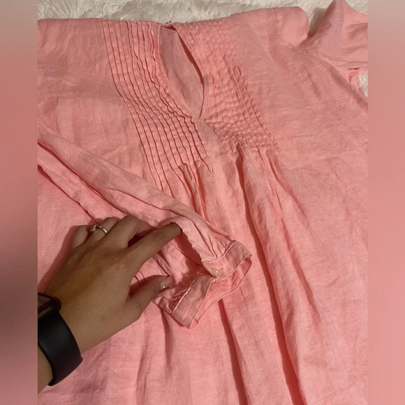 Lauren Ralph Lauren Linen Pink Pleated Open Front Key Hole Long Sleeve Blouse - Picture 5 of 12